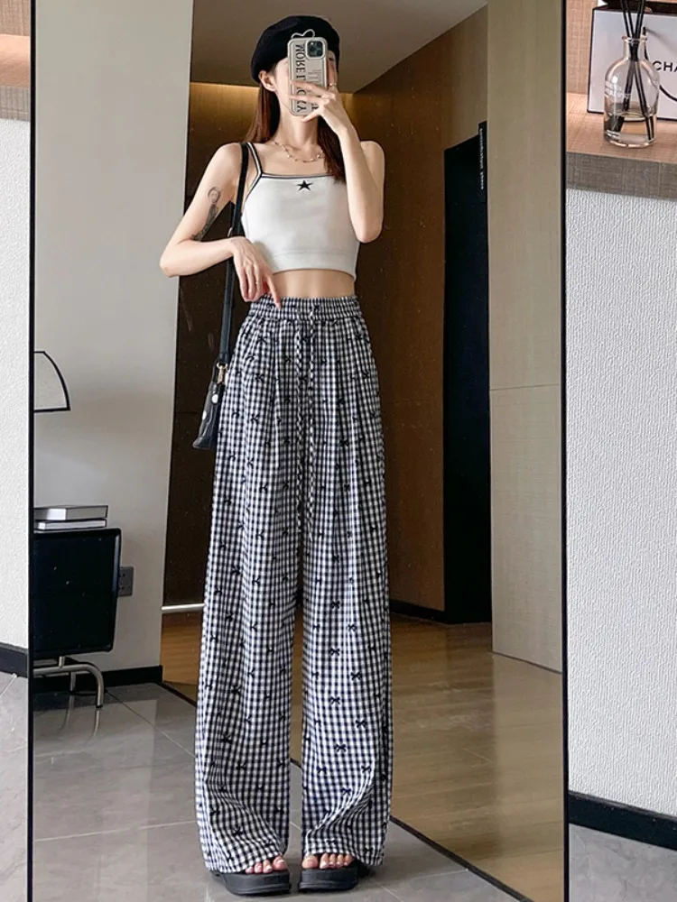 Pantalones informales Retro de cintura alta con bordado a cuadros para mujer, novedad de verano, pantalones largos de pierna ancha para caminar adelgazantes con nudo
