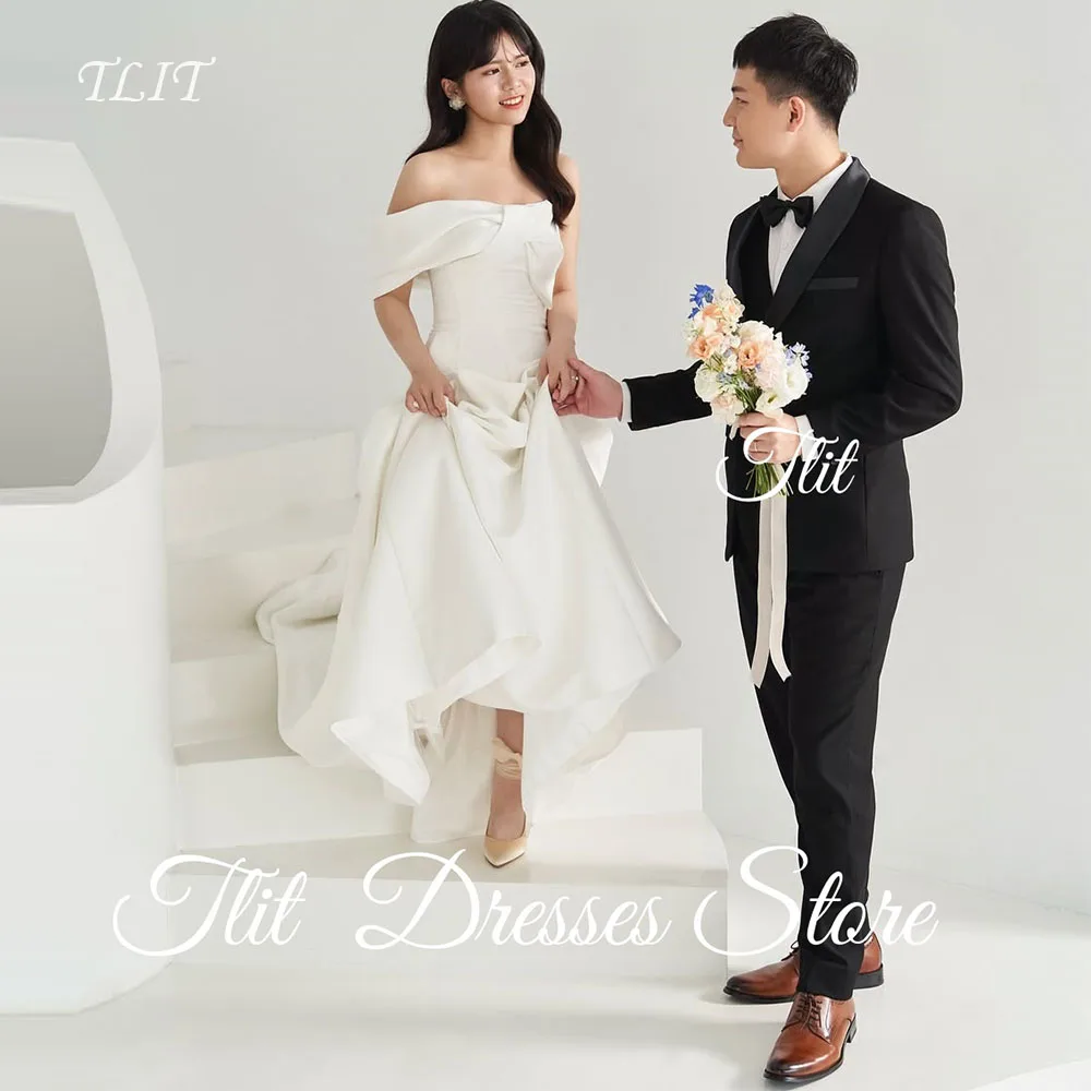 

TLIT Simple Ivory Silk Satin A-Line Wedding Dress Customized Off The Shoulder Bridal Gown Korea Wedding Dresses Photos Shoot