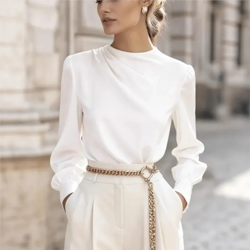 

Элегантная модная блузка для женщин, топы-рубашки, весна-осень 2024, однотонные офисные женские туфли с длинными рукавами и воротником-стойкой с рюшами