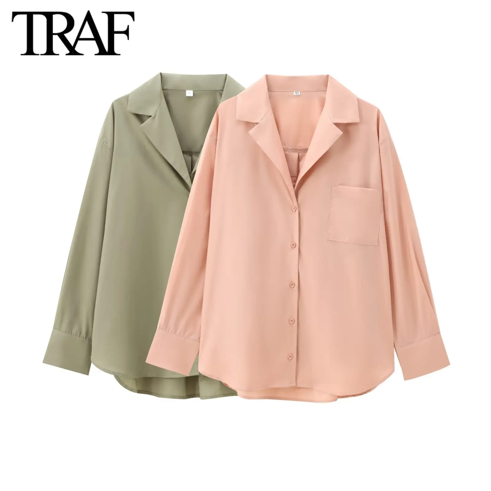 TRAF Women Fashion Spring Autumn New 2024 Poplin Pocket Long Sleeve Suit Collar Blouse Street Clothing Shirt Chic Ladies Top