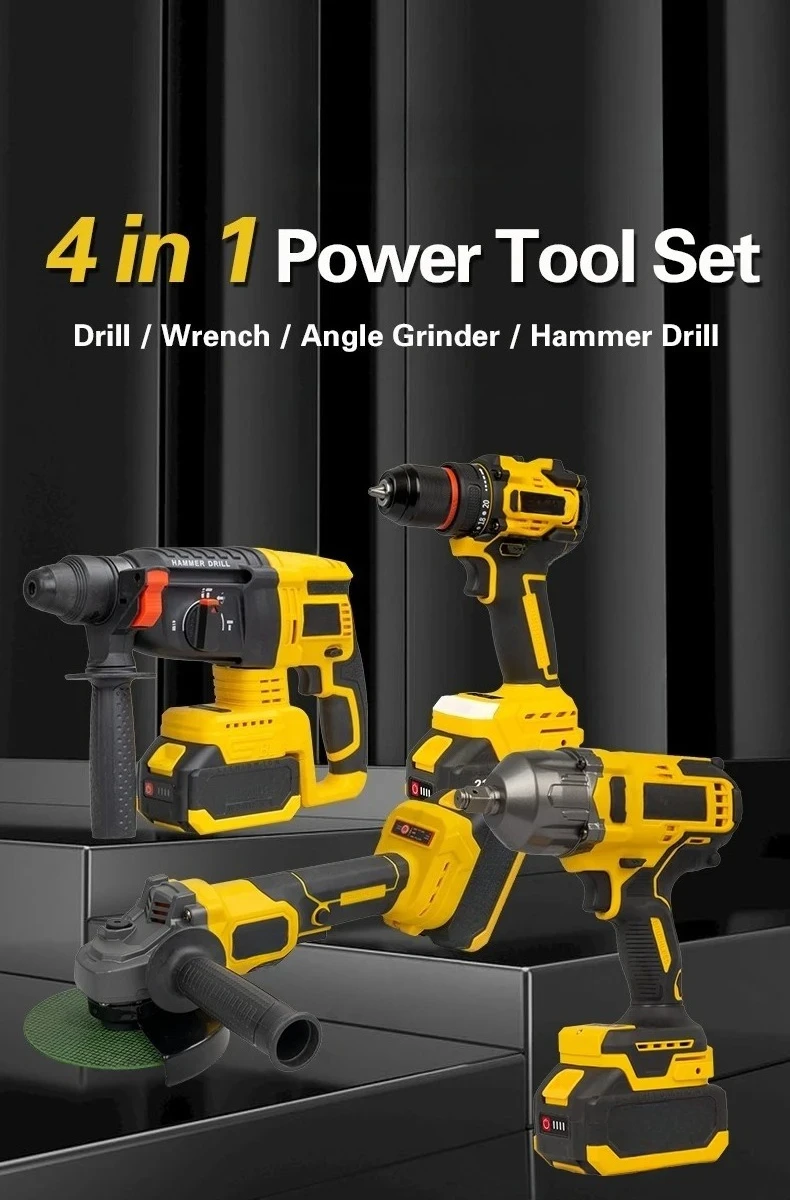 Professional Electric Home Box Power Kit Combo Tool Set 4 In 1 Angle Grinder Impact Drill Hammer Wrench 800N With Battery