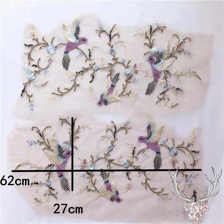Millet Beads Embroidery Applique, Multicolor Flying Bird Lace Fabric Patch, RS1657