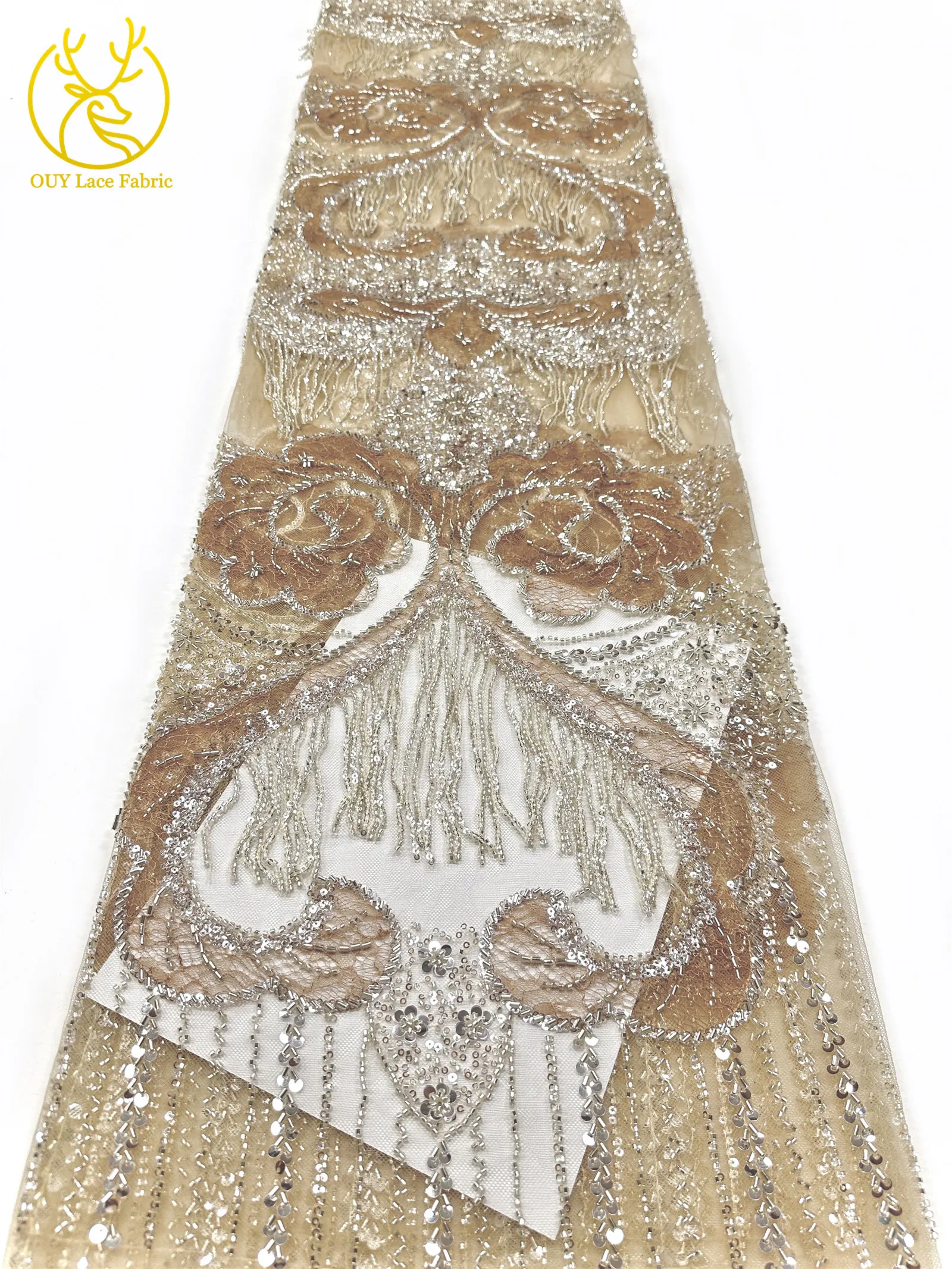 Goldene französische 3D-Laser-Quasten-Perlen-Spitze, luxuriöser afrikanischer Pailletten-Spitzenstoff, nigerianischer Mesh-Spitzenstoff für Damen-Hochzeiten – Detail 12