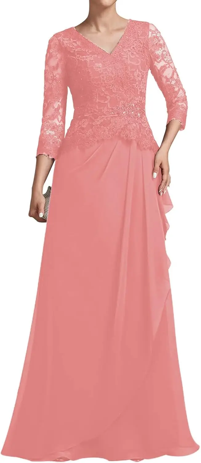 فساتين أم العروس دانتيل كم طويل فستان سهرة طويل شيفون فساتين زفاف الضيوف للنساء رقبة على شكل V