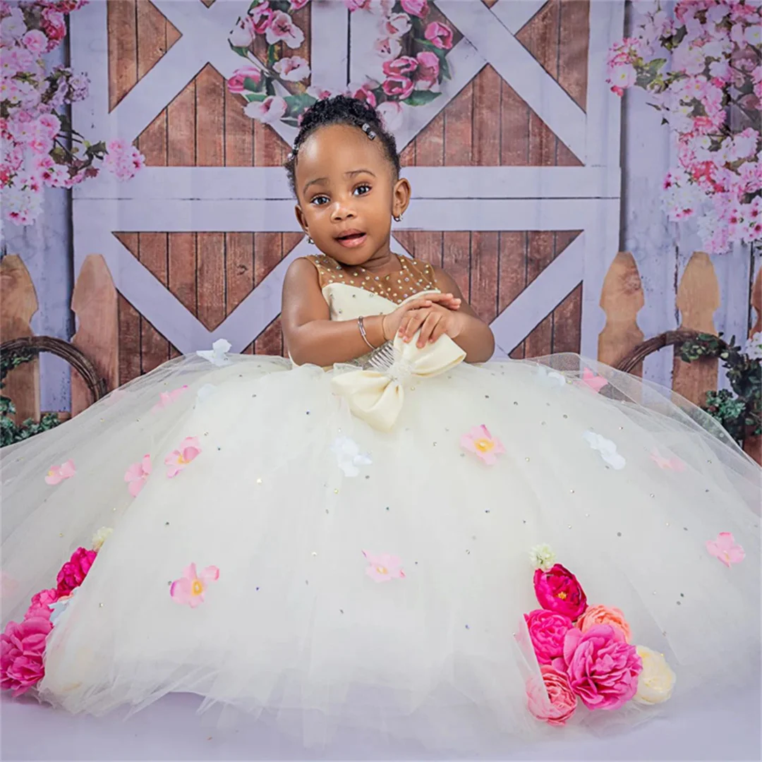 White Tulle Flower Girl Dresses Tiered Pearls Rehinetones Crystals Beaded Princess Queen Ball Gowns Girls' Dress For Wedding