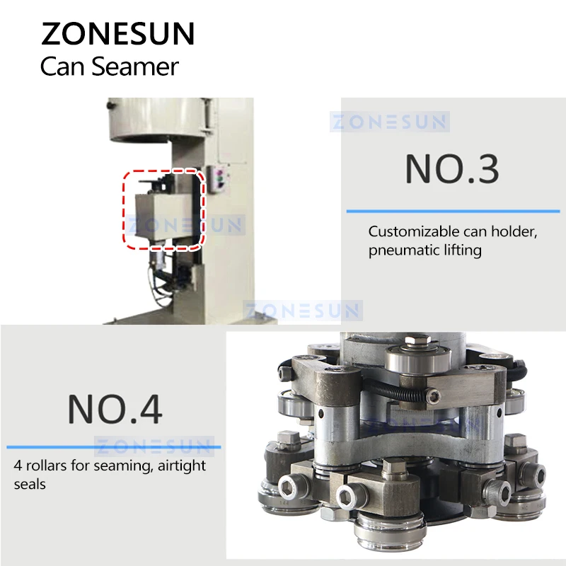 ماكينة إغلاق علب القصدير Zonesun ، شبه أوتوماتيكية ، معدات خياطة أسطوانية كبيرة الحجم ،