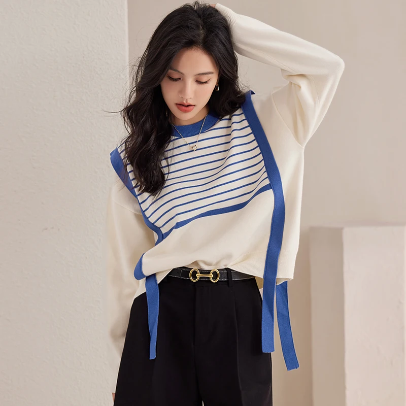 Pullovers Sweater Women 2023 Autumn Winter Vintage Lazy Loose Stitching Fake Two Pieces Long Sleeve Striped Knitwear Tops Female