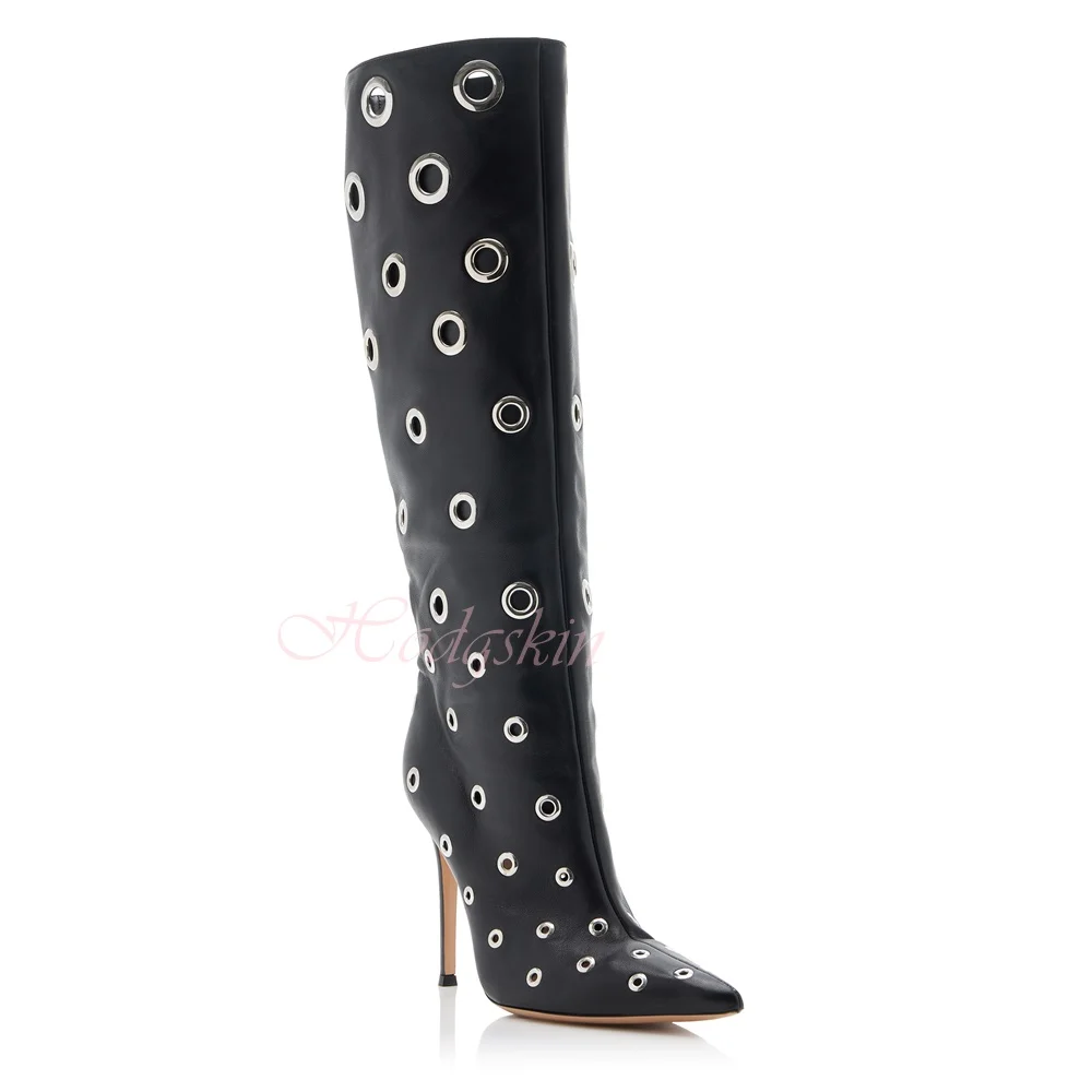 Hollow Knee High Boots Pointy Toe Solid Leather Stiletto Heels Slip On Boots Women New Style Shoes Summer Designer Party Fashion image 3