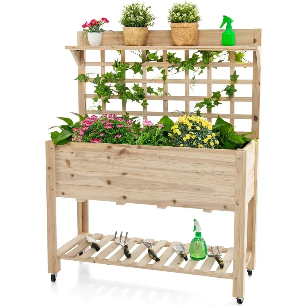 

Plants Bed 41.5x16x54in Mobile Elevated Planter Box with Wheels Pots for Liner Decorative Flowerpots Top/Bottom Storage Shelves