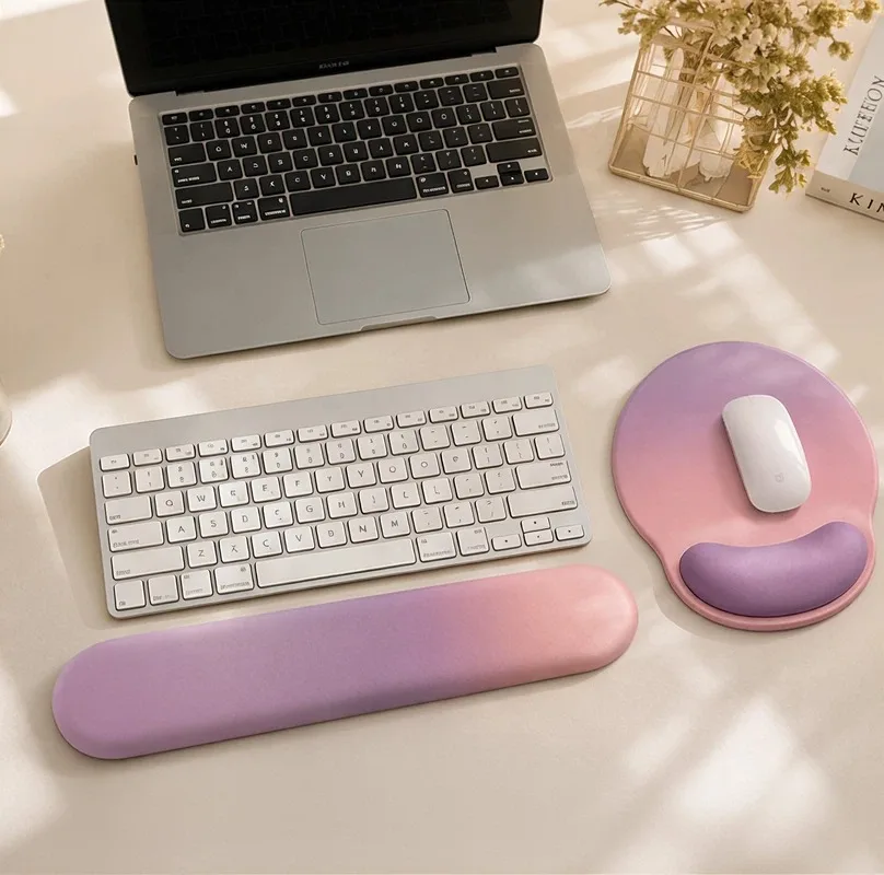 Gradient Pink Purple Rubber Wrist Rest Keyboard Pad & Mouse Pad Set, Non-Slip Comfortable Desk Accessories for Men Women