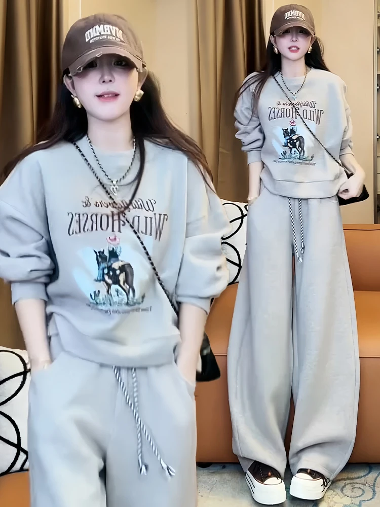 

Европейский Sle Lazy Spor, повседневный женский круглый свитшот Ne, широкие брюки с высокой талией, комплект из двух предметов, осенняя мода