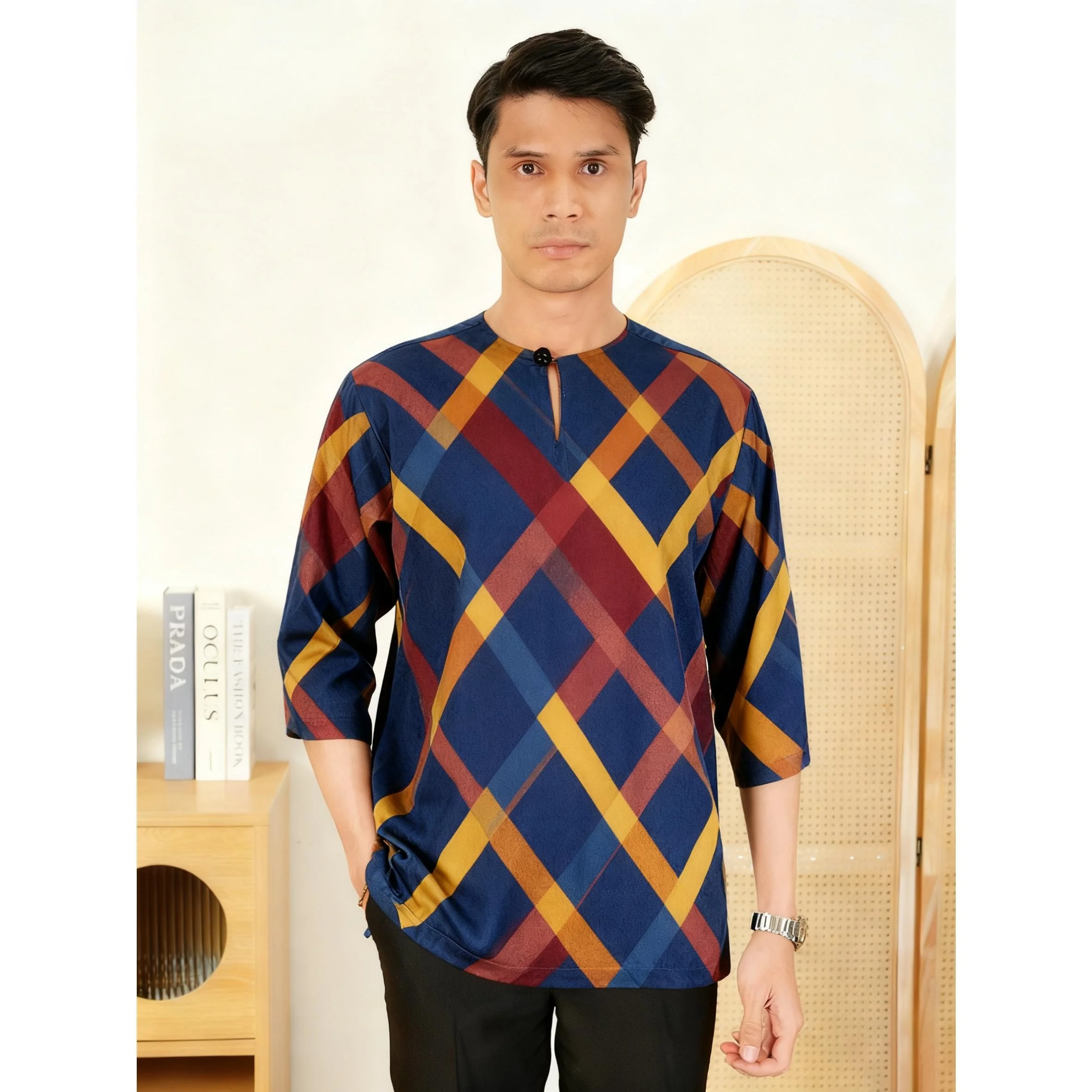Muslim Men Islamic Arabic Abaya Short Sleeves T-Shirt Ethnic Print Stand Collar Youth Luxury Coat Casual Fashion Clothing