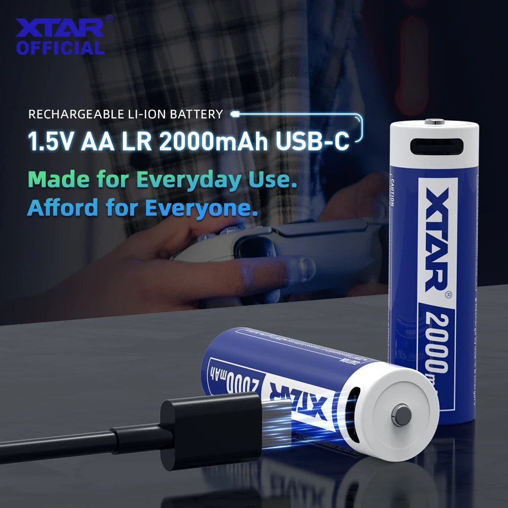 Baterai Li-ion Isi Ulang XTAR 1.5V AA LR USB-C 2000mAh Pengisian Cepat Tipe-C Pengisian Langsung dengan Tiga Lapisan Perlindungan Terintegrasi
