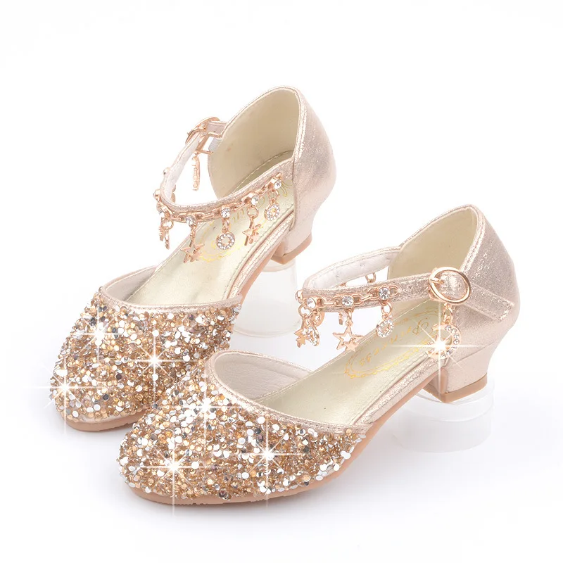 Girls Sequins Performance Shoes Kids Glitter Toes Capped Sandals Children's Princess High-heeled Shoes Spring Autumn 2024 New