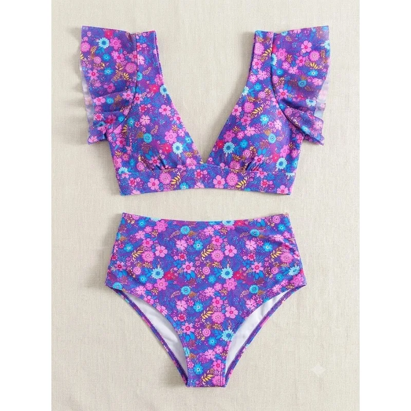 JEWELRY SEN Women 2‑Piece High‑Waisted Bikini Set Floral Print Ruffle Mesh Sleeve V‑Neck Tummy‑Control Beach Bathing Suit