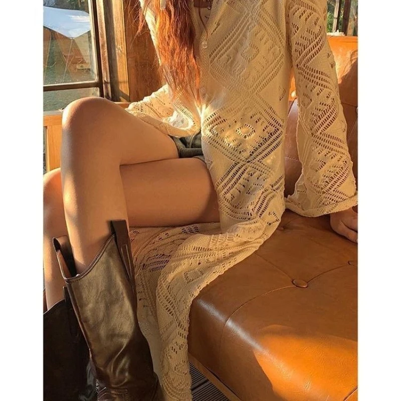 Boêmio a céu aberto malha cardigan feminino longo verão 2025 blusa casual topo