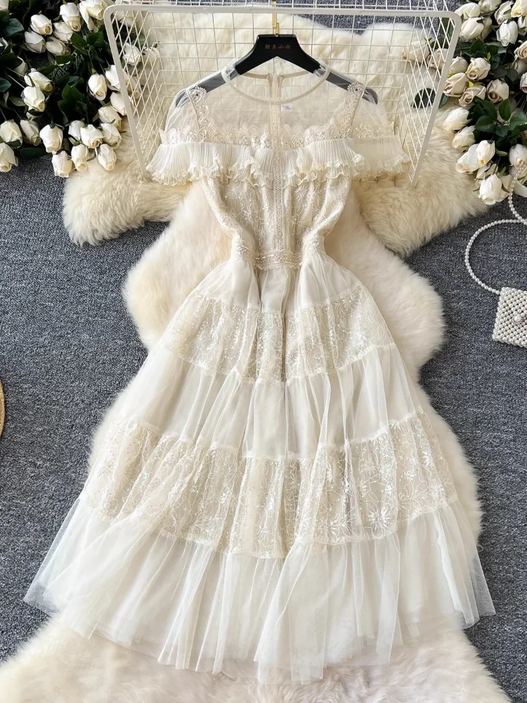 

Apricot Mesh Party Dress Women Summer Bubble Sleeve Slim A-line Elegant Long Dresses Ladies Summer High Waisted Korean Long Robe