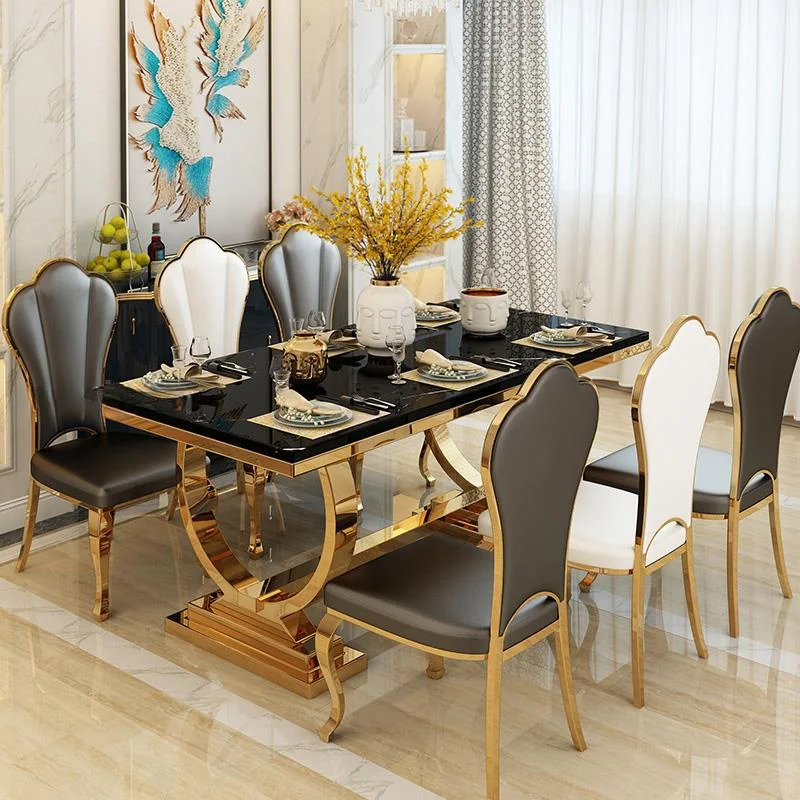 Light Luxury Kitchen Table With Marble Rectangle Stable Gold Plated Stainless Steel Frame Dining Table And Chairs Combination