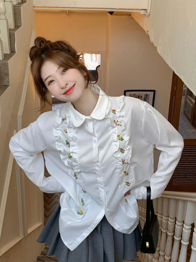 Jmprs Ruffles Sweet Floral Shirts Women Korean Long Sleeve Loose Fashion Blouse Casual Embroidery Female Spring Elegant Tops