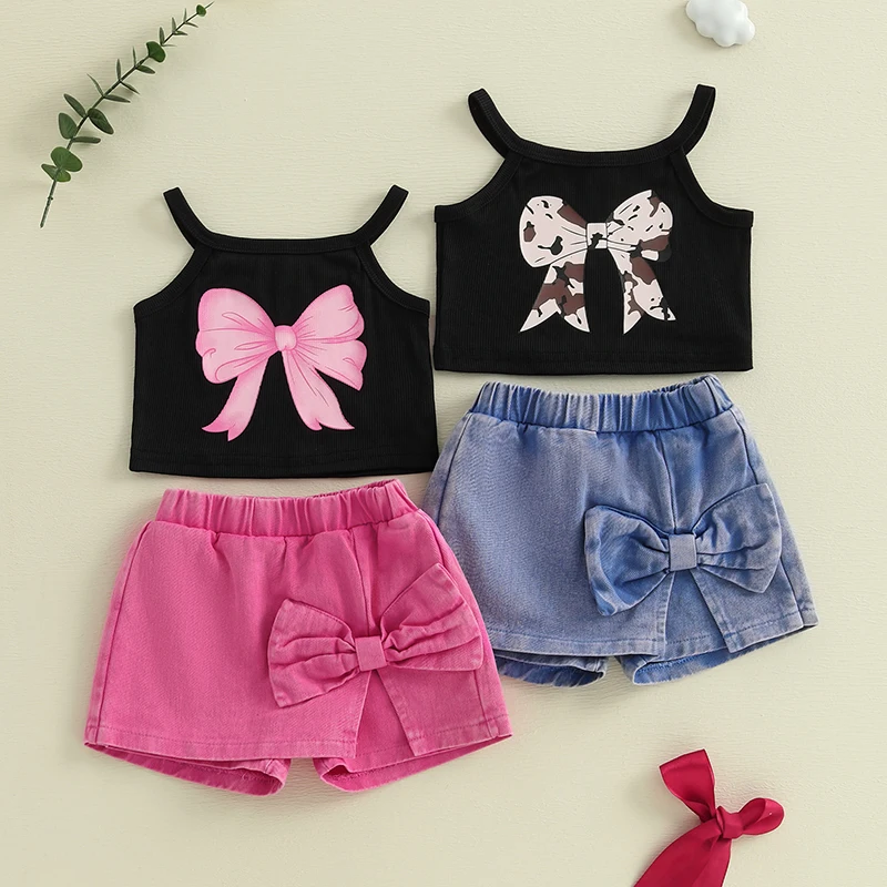 1-4Y Summer Kids Girl Shorts Set Bow Spaghetti Strap Vest Tops Solid Denim Skorts 2 Piece Outfit Children's Clothing