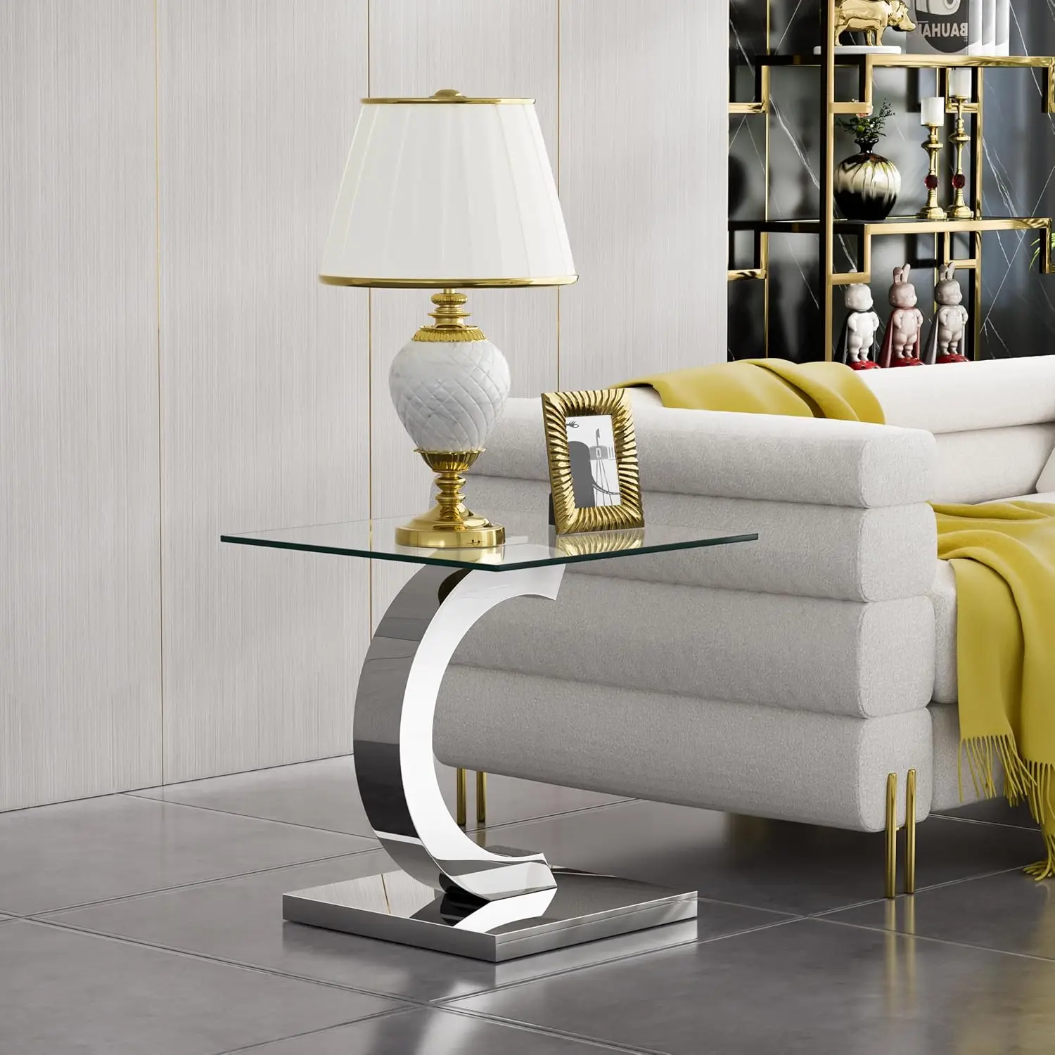 Glass End Table, 22.83"" Square Side Table With Tempered Glass Top And Silver Mirror Finish Stainl Steel C-Shaped Base, Modern