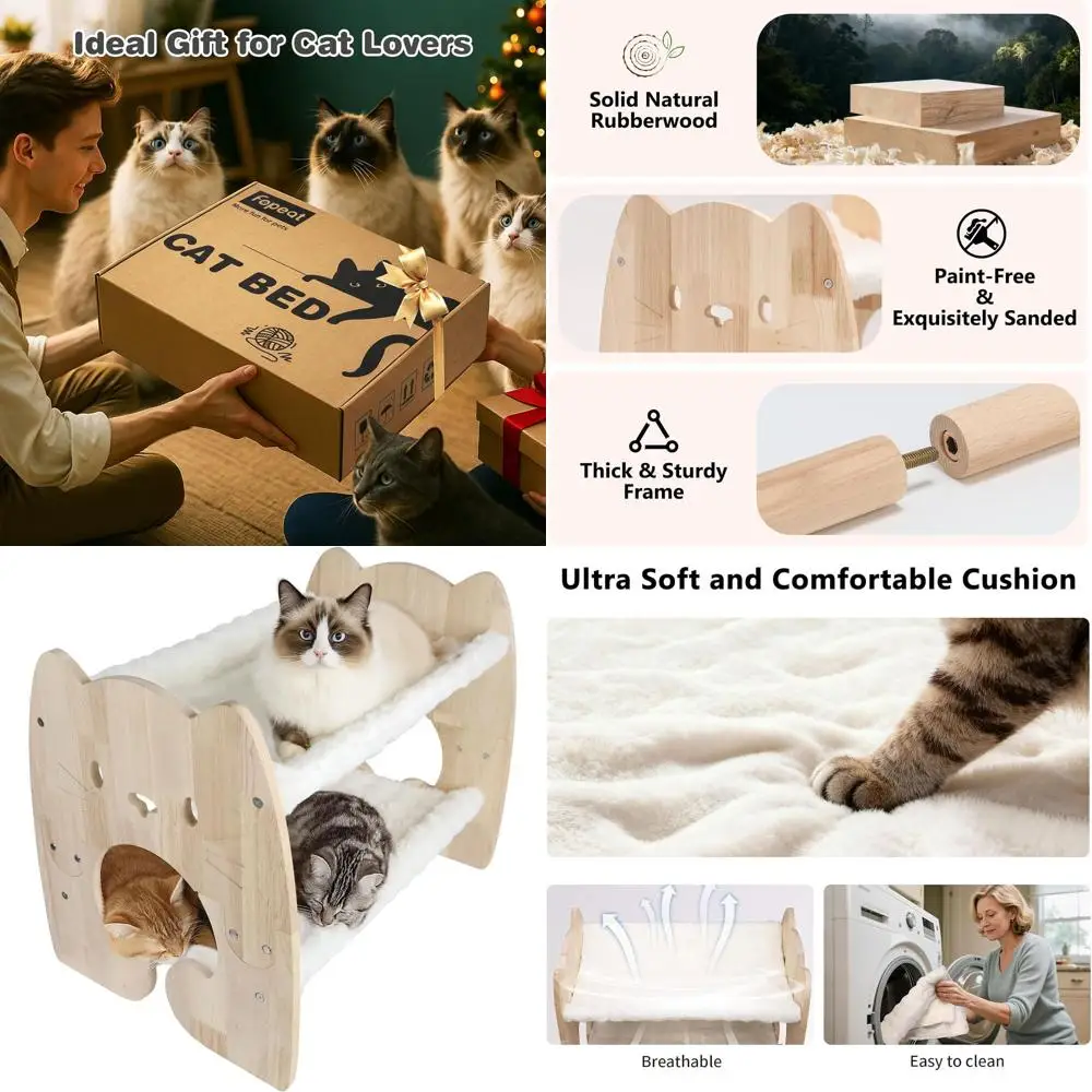 

Очень большая приподнятая кровать для кошек, гамак для кошек из массива каучукового дерева с мягким дышащим чехлом, двуспальные кровати для домашних животных для нескольких кошек