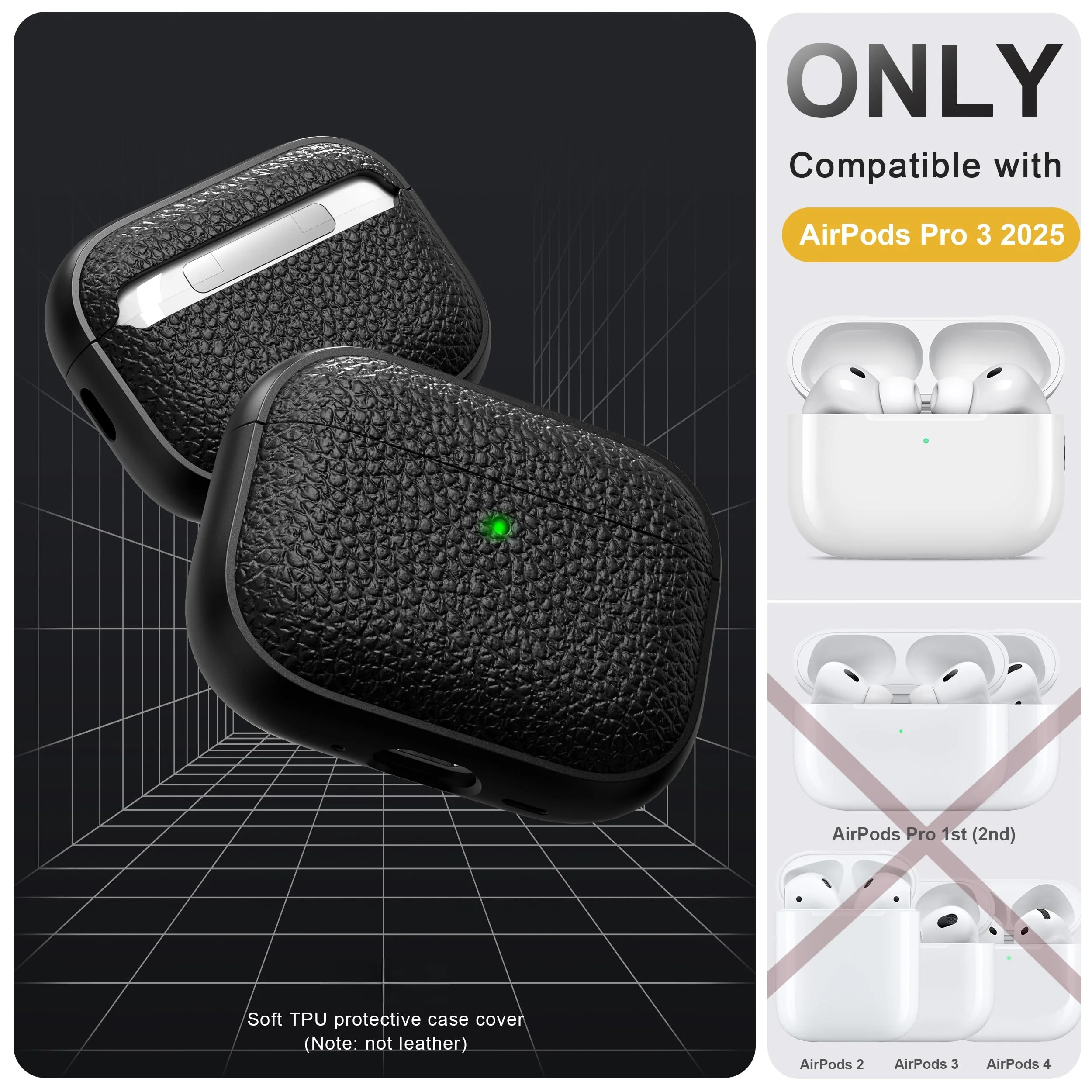 2025 لـ AirPods Pro 3/Pro 2/4 حافظة حماية ناعمة من مادة TPU (تصميم تشبه الجلد) مع سلسلة مفاتيح ومجموعة منظف لأجهزة AirPods Pro 3/4