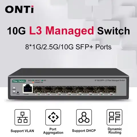 8 10-gigabit SFP+ ports L3 Managed Network Switch Support DHCP and Dynamic Routing Support VLAN division and port aggregation