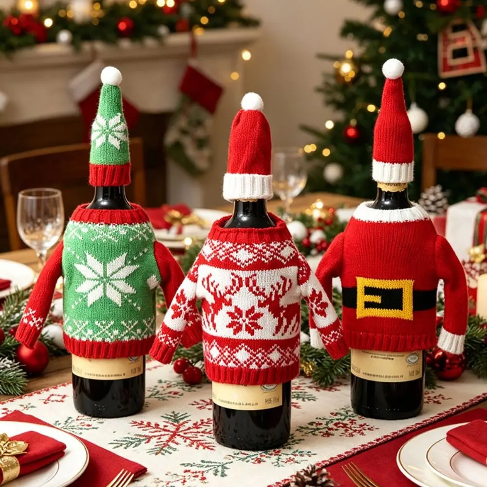 Elk Wine Bottle Cover Snowflake Reusable Cover Christmas Knitted Bottle Cover Reindeer with Mini Santa Hat Beer Bottle Cover