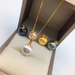 18k gold AU750 HUGE New  Stunning  AAAA+++ 9-10MM SOUTH SEA  GOLD black white pink purple gray  Round pearl pendant  18in