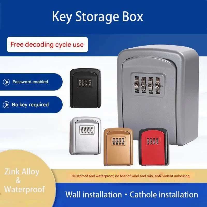 Household Code Key Box Outdoor Waterproof Decorative Keybox Wall-mounted Metal 4 Digit Combination Password Keysafe Storagebox