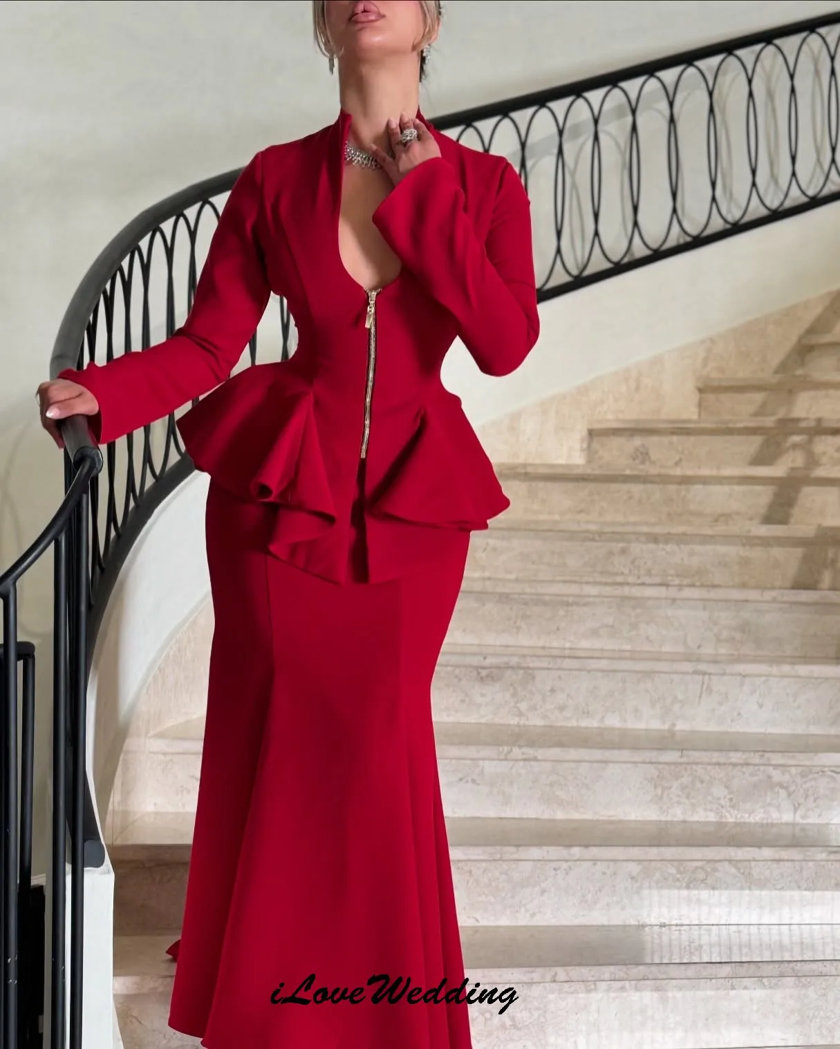 Robe de soirée rouge à manches longues, col en v, Sexy, élégante, style sirène, robes formelles pour femmes, Gala, fermeture éclair, personnalisée, 2025