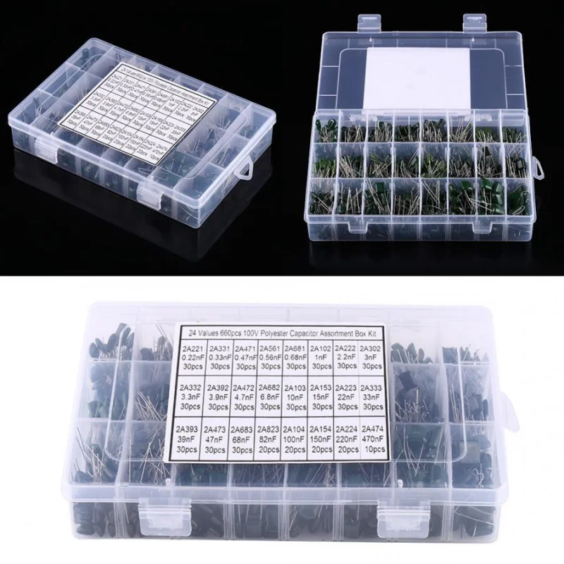 24 Kinds 660Pcs 100V(0.22 NF-470nF) Polyester Capacitors Classification Boxed 660pcs 1set