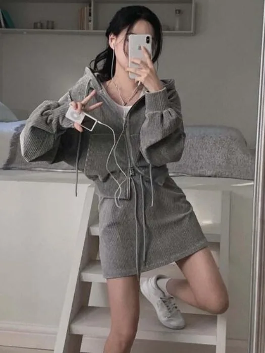 

Chic24 Autumn Casual Loose Fit Hooded Corduroy Jaet High Waist Skirt Two Piece Set Simple Ele Sle Women's Faion