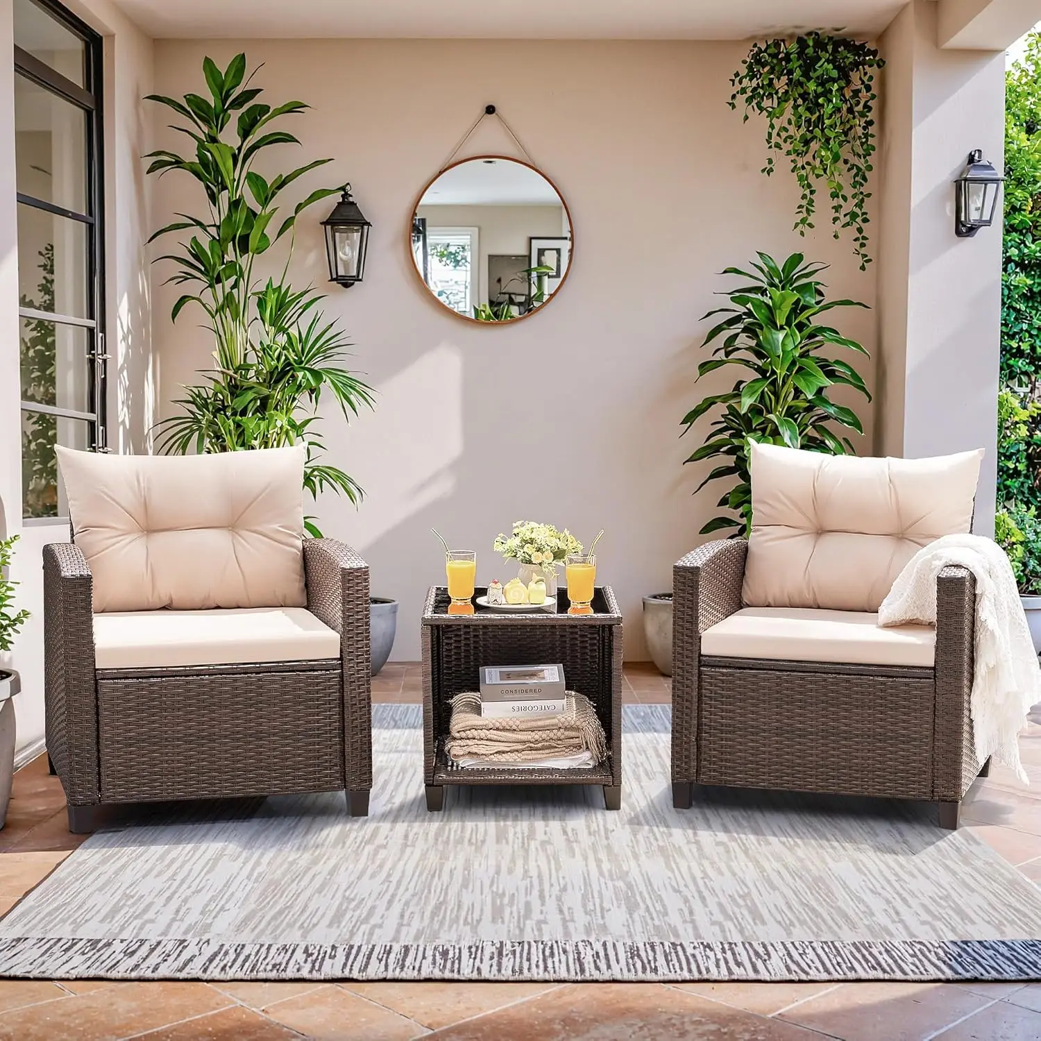 PE Rattan 3-Piece Patio Furniture Set with Chairs and Table for Porch, Garden, Poolside, Balcony - Upgraded