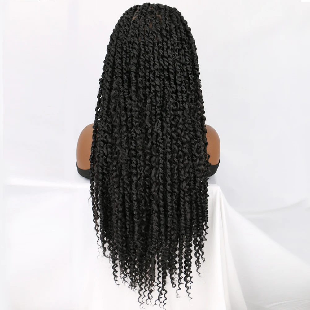 Pelucas trenzadas de pelo Passion Twist, peluca con malla frontal completa, peluca trenzada sintética sin nudos con parte cuadrada y extremo rizado para mujeres negras