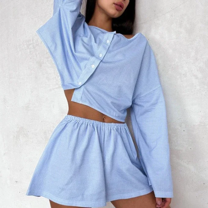 

2026 Summer New Checkered Cardigan Shirt and Wide-leg Shorts Two-piece Set for Women