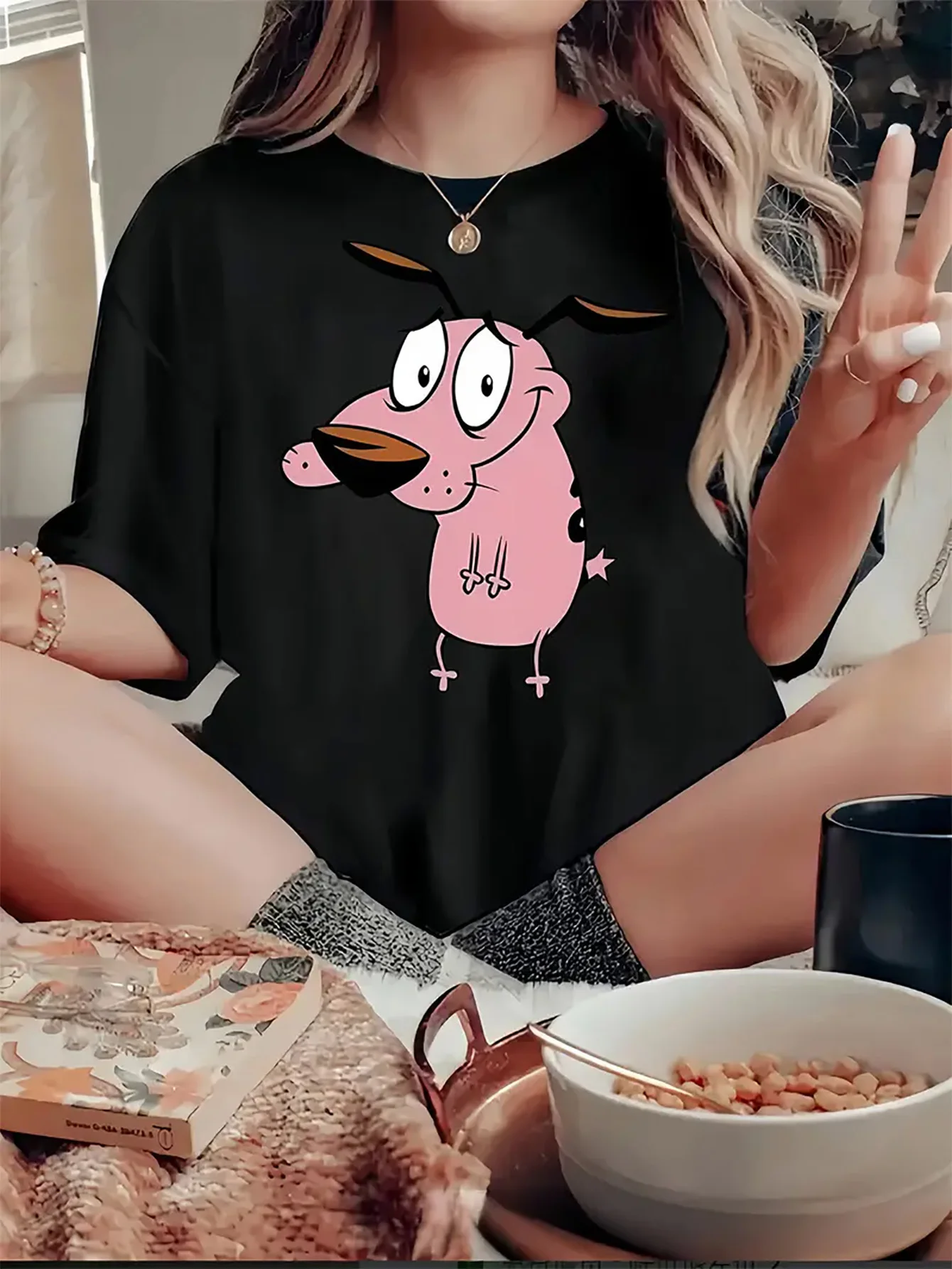 Camiseta para mujer Courage The Cowardly Dog con estampado creativo, camiseta informal de manga corta con cuello redondo para verano, ropa