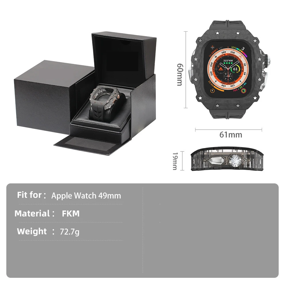 49mm Apple Watch Ultra 1/2対応 防水フッ素ゴムストラップとカーボンファイバーケース改造用 多色展開