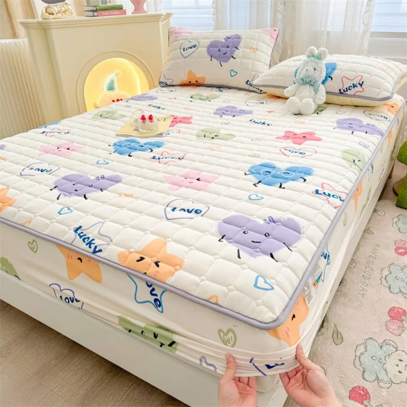 Cartoon Style Mattress Cover Quilted Washed Cotton Fitted Mattress Protect for Home Adults Kids Bed Linen Pillowcase Need Order