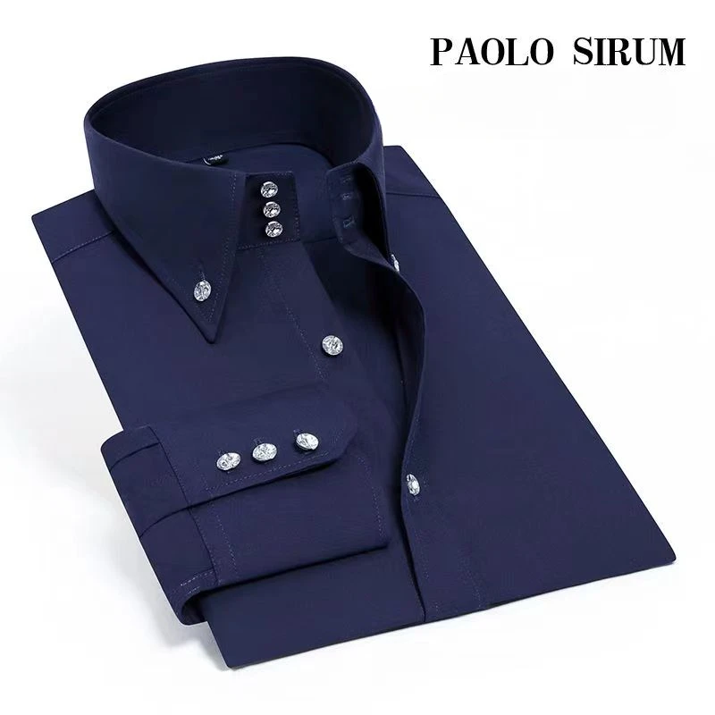 Men\'s Slim Fit Dress Shirts with Drill Buckle Turtleneck, Long Sleeves White Shirts, Male Fashion Casual Office Business Shirts