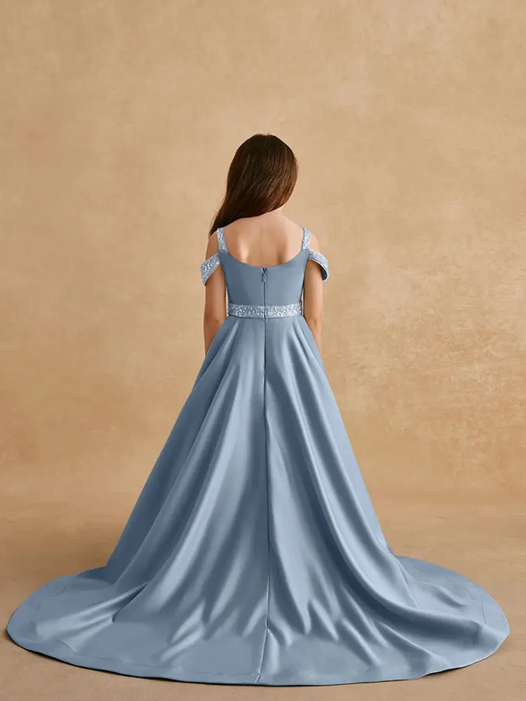 Robe Longue en Satin Bleu à Fleurs pour Fille, Élégante, Perlée, Taille Personnalisée, Couleur, VincFormelle, Célébration, Soirée