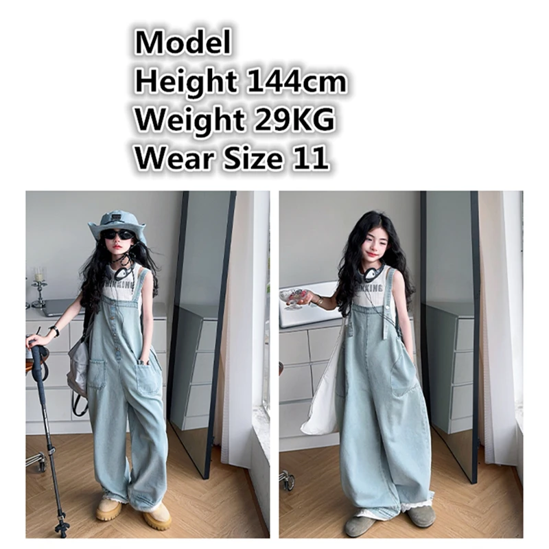 New Fashion Kids Girls Overalls Jumpsuit Jeans Loose Casual Children Denim Bib Suspender Pants Teenagers Denim Dungarees 5-14 T