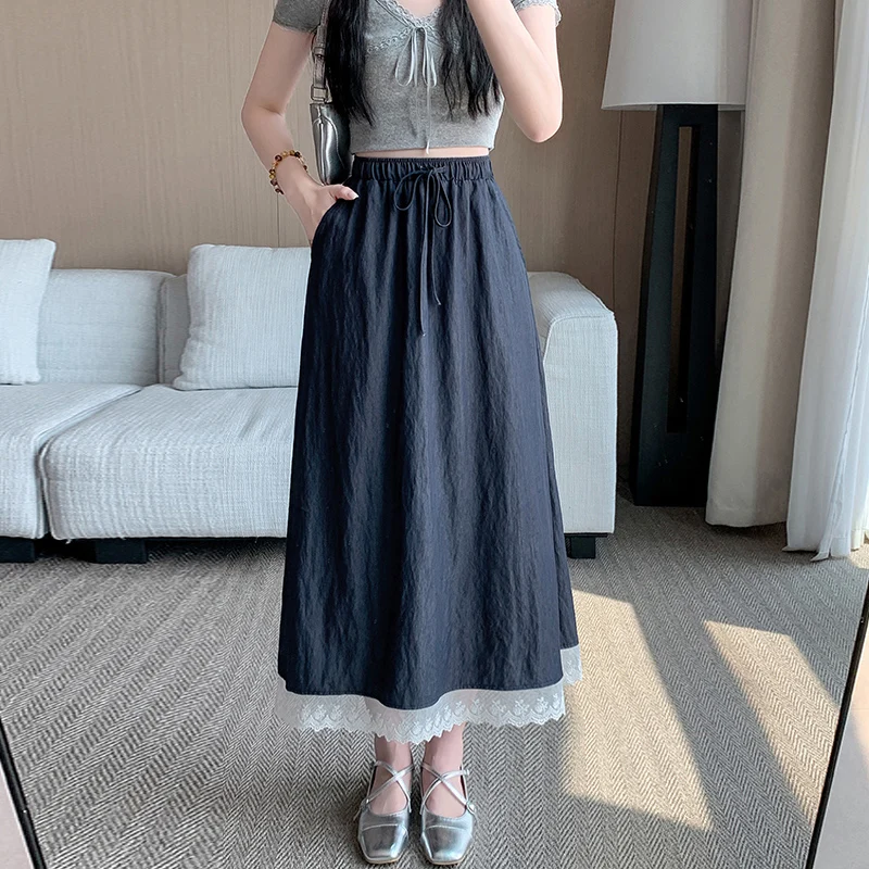 

Vintage Casual Bandage Summer Vacation Long Skirts Women New Fashion Lace Patchwork Basics Elactic High Waist Loose A-line Skirt