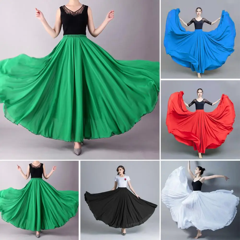 1Pc Soft Chiffon Dance Skirt 720-degree Pull-up Skirt Flowy Chiffon Maxi Skirt High Waist Double-layered Dancewear for Women