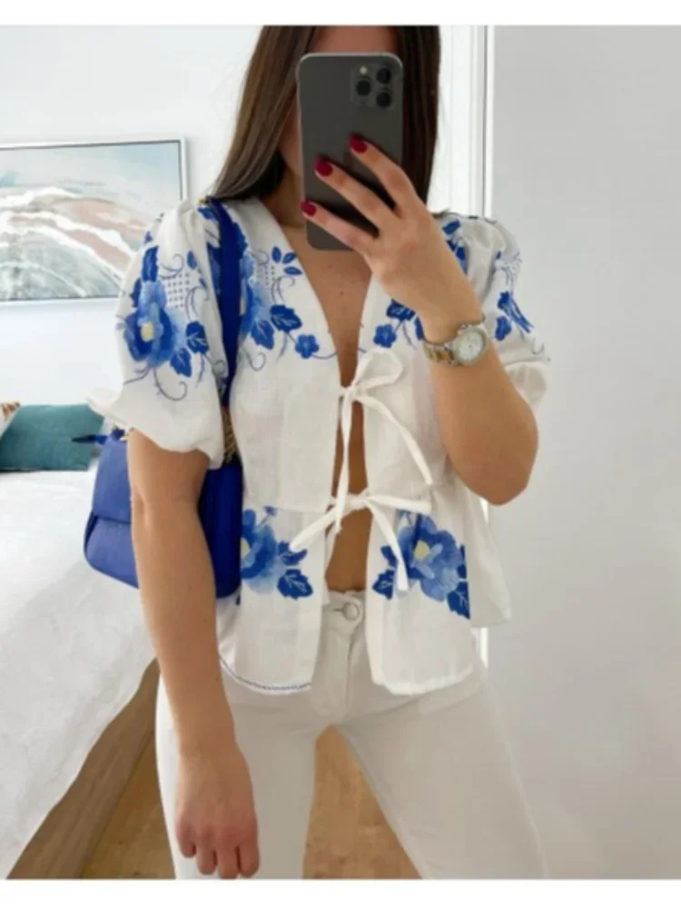 Lace Up Flower Print Women‘s Shirt Hollow Out Bow Short Puff Sleeve V-neck Female Shirt 2024 Spring Summer Casual Lady Outwear