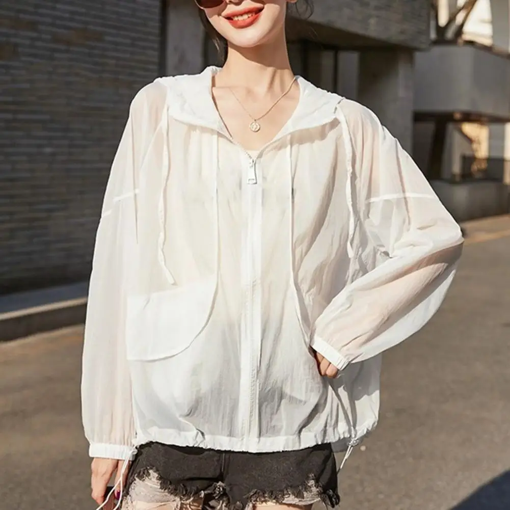 

Hooded Sunscreen Shirt Stylish Women's Sun Protection Hooded Coat with Drawstring Pocket Detail Long Sleeve Summer Jacket for Uv