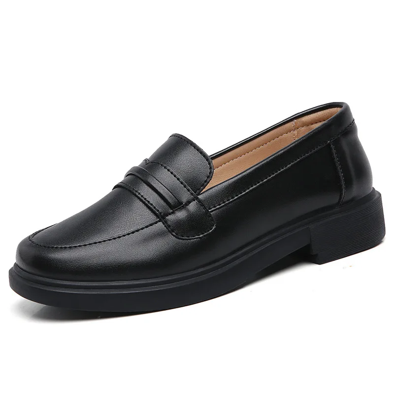 Kobiety czarne mokasyny wiosna okrągłe Toe PU skórzane buty dla kobiet Slip on niskie obcasy Casual biurowa, damska obuwie robocze WSH4650