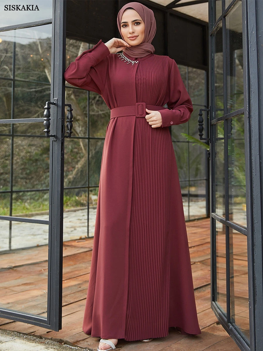 

Siskakia Solid Crimping Long Dress With Beading And Belt For Dubai Muslim Woman Moroccan Islamic Saudi Elegant Stylish Abayas