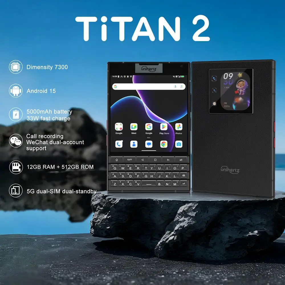 Unihertz Titan 2 QWERTY Physical Keyboard Phone 12GB 512GB 4.5'' + 2'' Display Android 15 Dimensity 7300 50MP 5G Smartphone